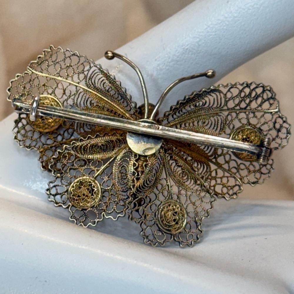 Antique Signed Sterling Silver 800 Filigree Butterfly Coral/Carnelian Brooch EUC - Picture 5 of 16